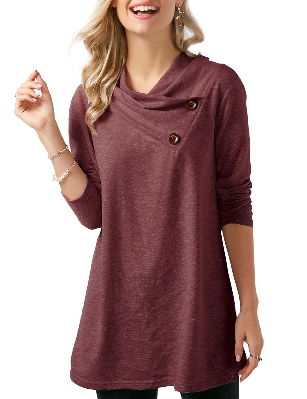 Poplover Womens Long Sleeve Cowl Neck Tunic Loose Fit Tops Button Wine Red Large