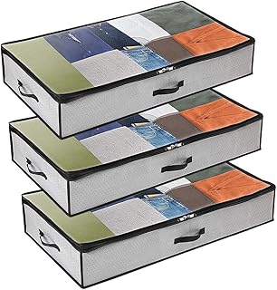 GoMaihe 3 Stück Unterbett Aufbewahrungstasche, Vliesstoff Faltbare Unterbettkommode Kleideraufbewahrung mit Langlebige Reißverschluss und Griff für Bettdecken, Kissen, Kleidung, Decken, Grau, MEHRWEG