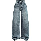 GORGLITTER Girl's Baggy Wide Leg Jeans Cute Elastic High Waisted Denim Pants Bottoms with Pockets