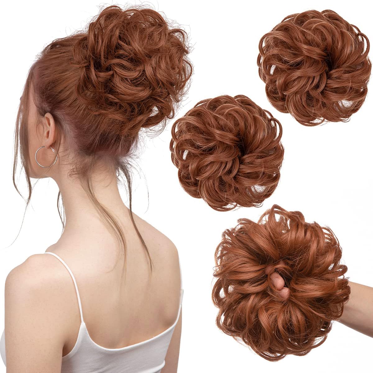 PORSMEER Messy Hair Scrunchies - 2pcs Curly Wavy Synthetic Donut Updo Hair Pieces, Easy Chignons for Women, Girls in Copper Red — image 1