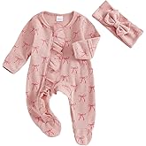 mlpeerw Newborn Baby Girl Outfits Bow/Plaid Print Footed Jumpsuit Ruffle Zipper Romper Cute Fall Baby Coming Home Outfit