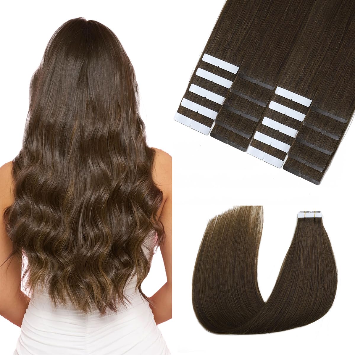 Sindra Tape in Hair Extensions 50g 14inch Medium Brown Straight Seamless Tape in Remy Human Hair Extensions 20pcs #4 14" — image 1
