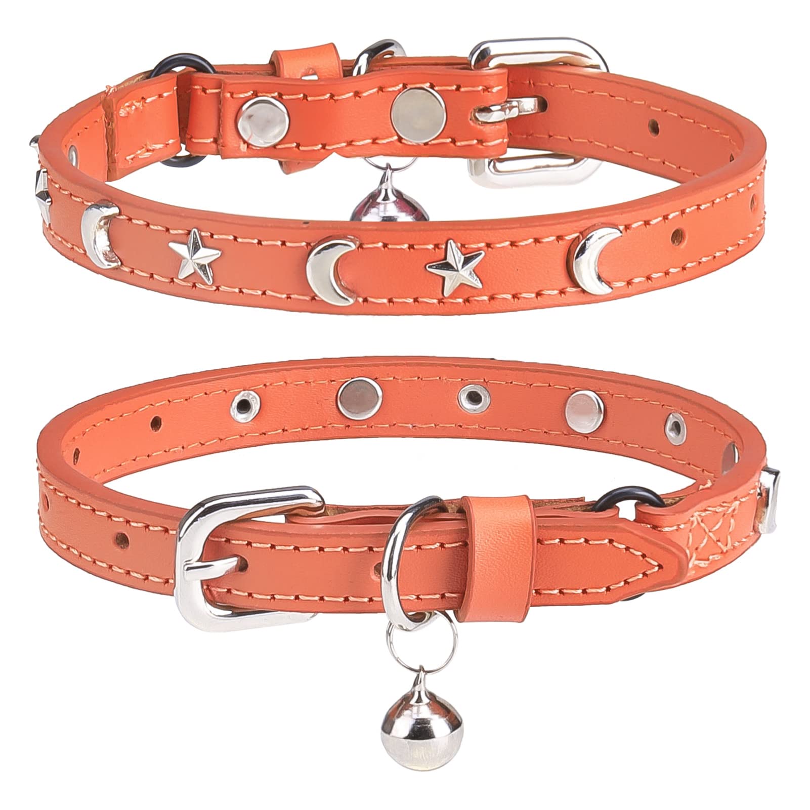 Leather Cat Collars for Boy Girl Cats with Bell and Safety Elastic Belt, Personalized Star and Moon Stud Adjustable Safe Buckle Collar for Kitty Small Big Cats Size 8-12 Inch, Orange — image 1