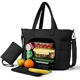 Dadanism Lunch Tote Bag for Women, 15.6 Inch Puffy Laptop Bag with Insulated Lunch Compartment, Quilted Large Capacity Computer Handbag with Purse for Business, Work, Office, Collage, Casual, Black