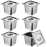 6 Pack Stainless Steel Hotel Pans with Lid 1/6 Size x 6" Deep Steam Table Pan 0.8 mm Thick Commercial Food Storage Containers