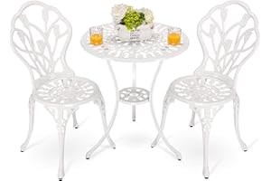 HOMEFUN Bistro Table and Chairs Set of 2 Outdoor 3 Piece Patio Set Tulip Pattern Cast Aluminum Bistro for Garden Balcony, Durable Rust All-Weather Resistance (White)
