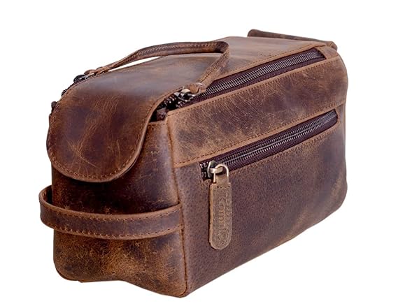 KOMALC Genuine Buffalo Leather Unisex Toiletry Bag Travel Dopp Kit (Distressed Tan) best toiletry bags