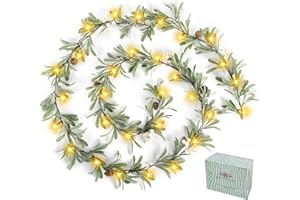 OZFHUA 9FT Christmas Garland with Lights,Pre-lit Artificial Olive Garland with Berries Pine Cones,Christmas Decorations Indoor Outdoor Home Party Holiday Realistic Garland for Mantel Xmas Stairs Table Decor