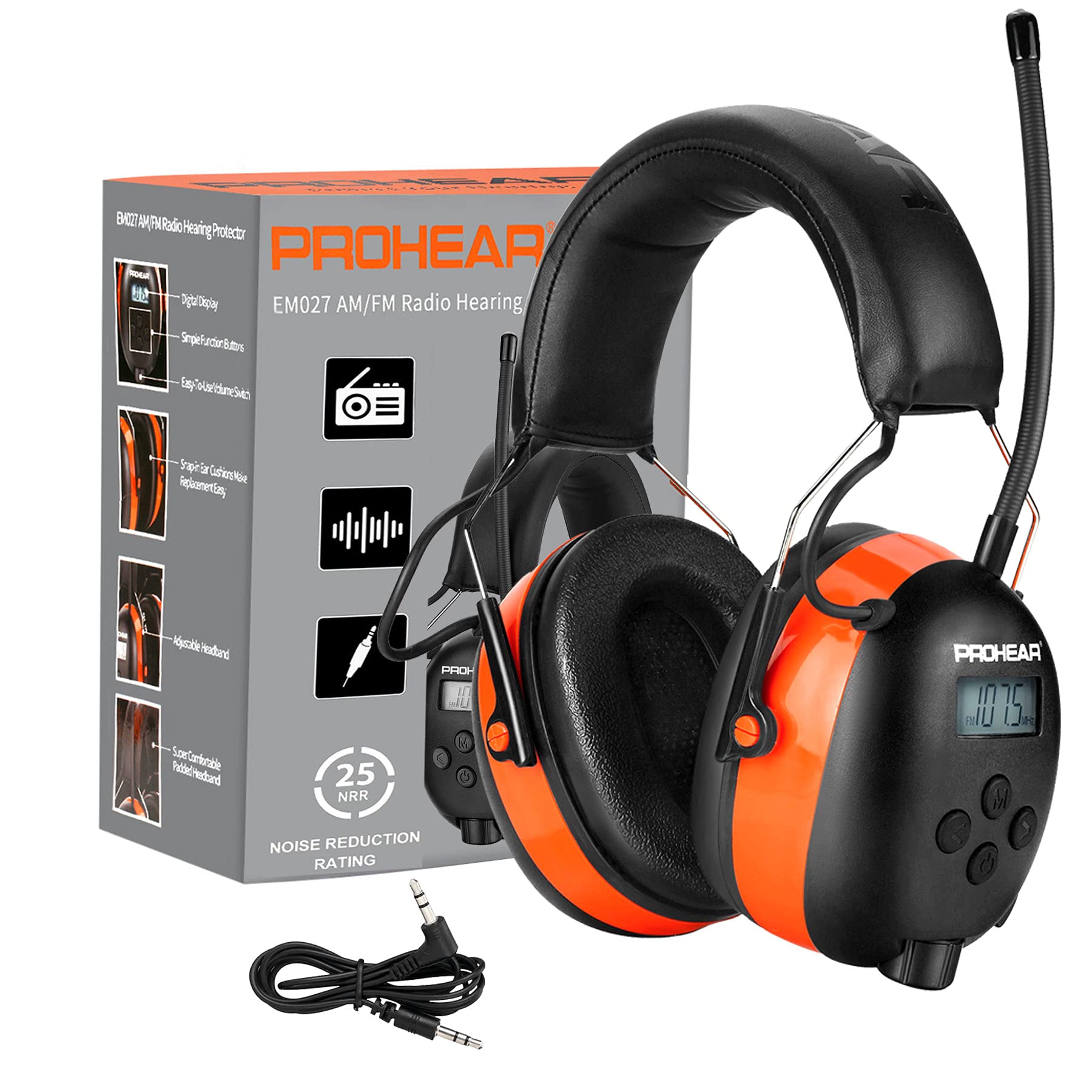 Photo 1 of PROHEAR 027 AM FM Radio Headphones with Digital Display, 25dB NRR, Safety Ear Protection Earmuffs for Mowing, Snowblowing, Construction, Work Shops - Orange