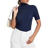 Biffxeu Navy Womens Short Sleeve Sweater Mock Neck Casual Top Turtleneck Slim Fit Pullover Lightweight Spring Summer Shirts M