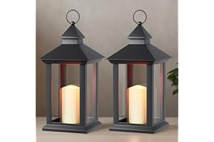 JOHUNT Lanterns Decorative Indoor, 2 Pack Black Outdoor Lantern with Timer, 14" Lantern Waterproof with Battery Operated Candle, Outdoor Hanging Lanterns for Porch, Patio, Wedding Decor
