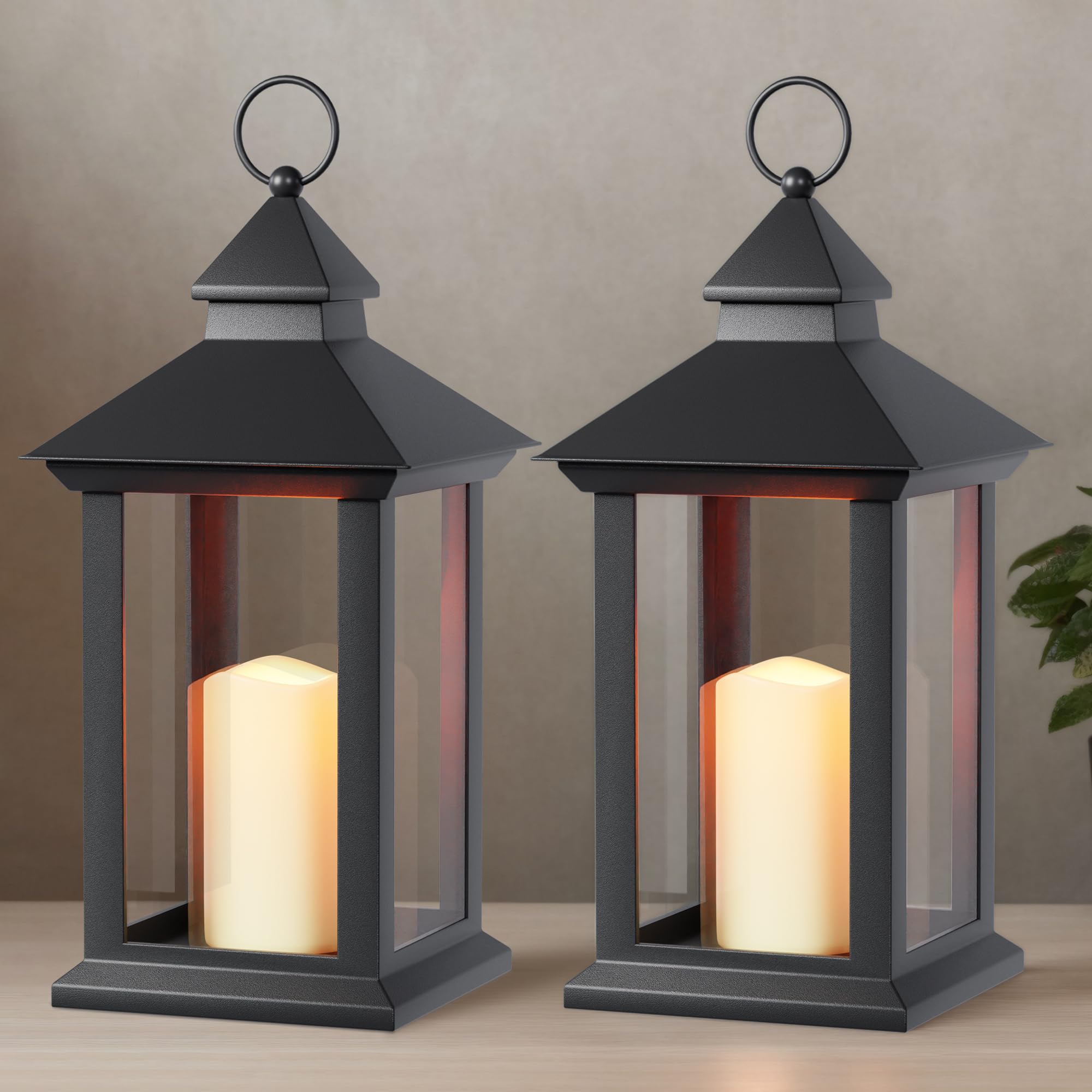 Photo 1 of ***(MINOR DAMAGE/ SEE NOTES)***JOHUNT Lanterns Decorative Indoor, 2 Pack Black Outdoor Lantern with Timer, 14" Lantern Waterproof with Battery Operated Candle, Outdoor Hanging Lanterns for Porch, Patio, Wedding Decor