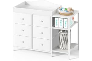 BOLUO Baby Dresser with Changing Table Top, White Changing Table Dresser with 6 Fabric Drawers Diaper Changing Station with Storage Shelf for Nursery Modern