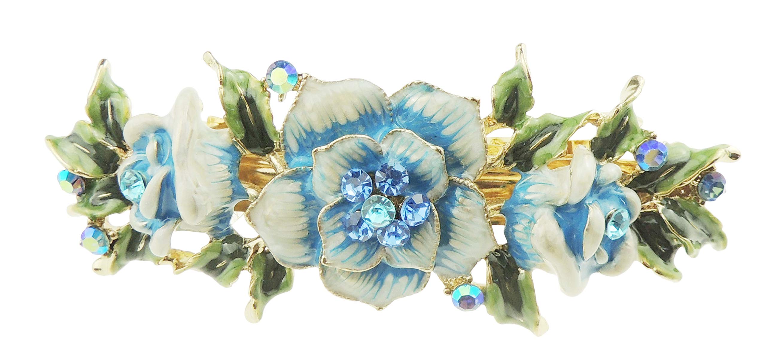 Womens Girls Crystal Rhinestone Diamante Wedding Birthday Party Evening Ponytail Fine Medium Thick Hair Accessories Occasion Barrette Hairpin Grip French Spring Clip Enamel Rose Flower (Turquoise)