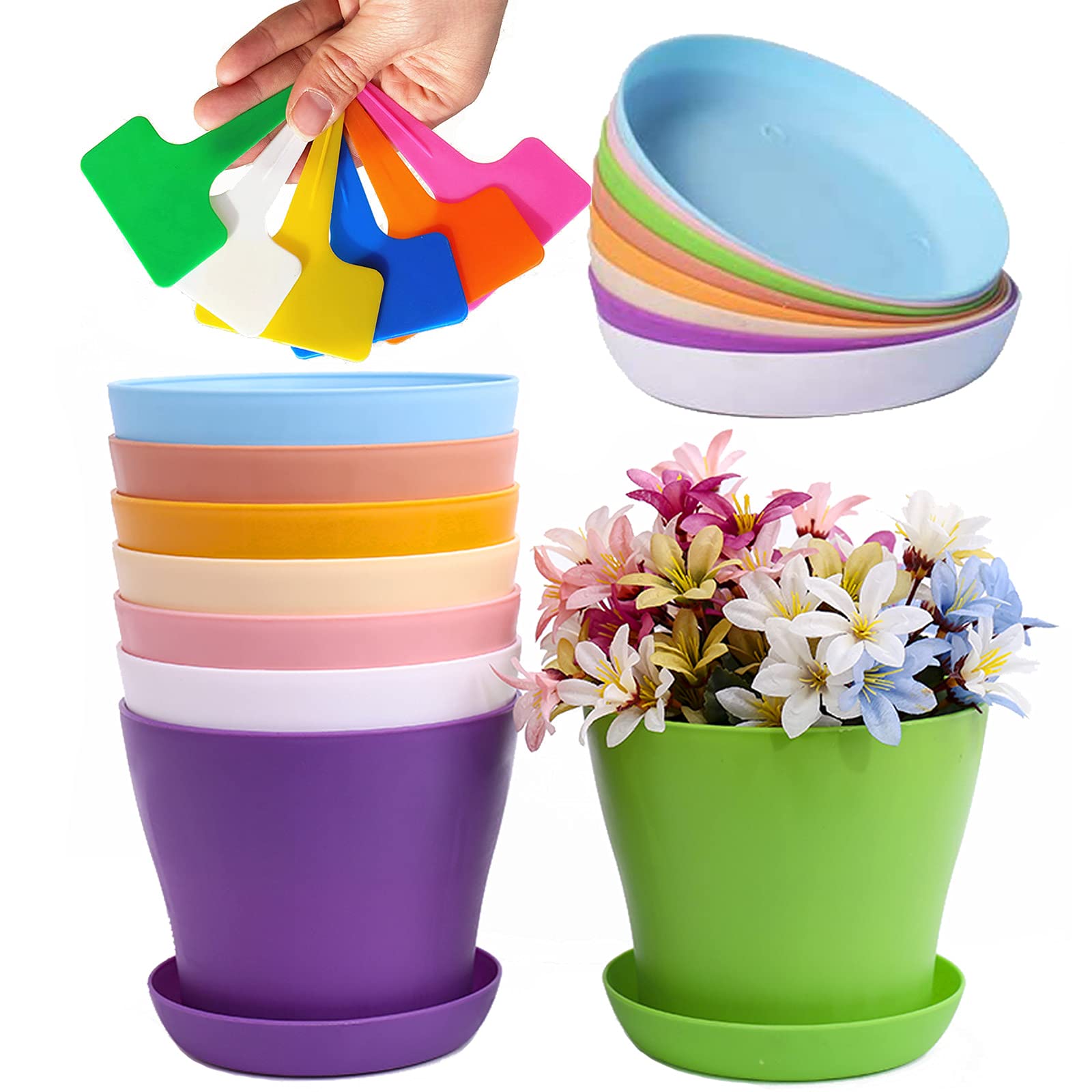 Taasmoog Colorful Plastic Plant Pots, 8Pcs Plant Containers in 8 Colors with Colorful Plant Labels Nursery Flower Planter Pots with Pallet for Indoor and Outdoor Use (10 cm)