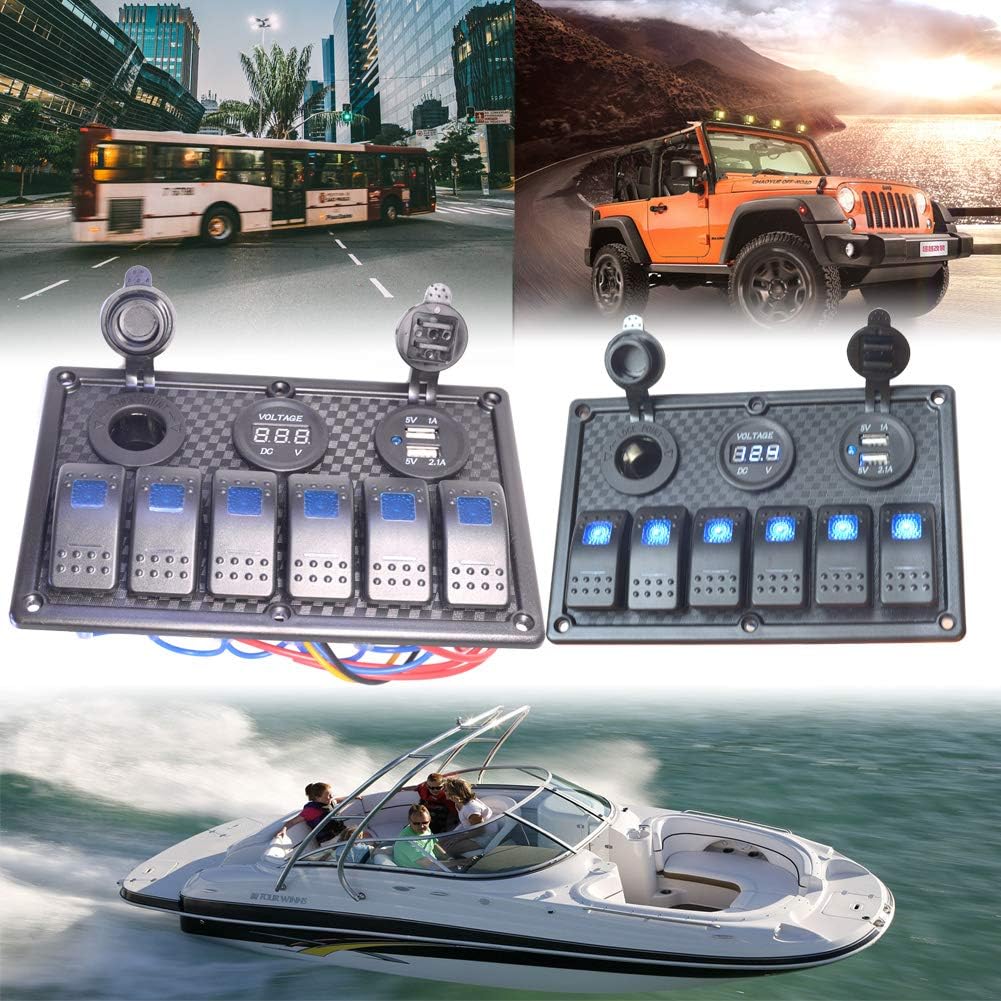 JOYHO 6 Gang Rocker Switch Panel Fuse Panel Waterproof, Digital Voltmeter Display, Dual USB Charger Port DC 12V Power Socket, 12/24V Breaker Switch for RV Marine Car Vehicles Truck Boat, Blue Light : Sports & Outdoors
