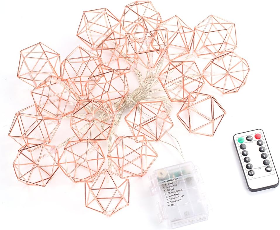 3M 20LED Metal String Lights Rose Gold Battery Operated, Warm White Fairy Lights, Timer, 8 Modes, Indoor Decorative Lights Lantern for Christmas Home Party Decoration (Hexagon)