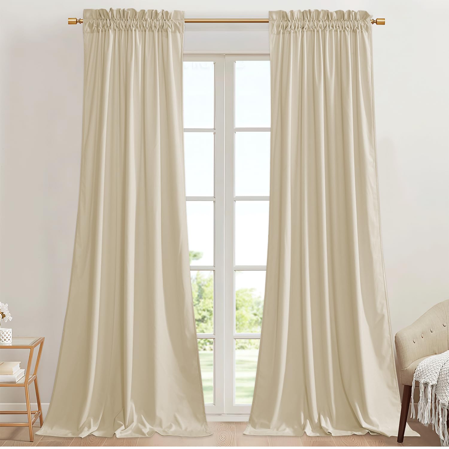 Photo 1 of StangH Beige Curtains for Kids Bedroom Super Soft Smooth Velvet Light Dimming Window Drapes Rod Pocket Elegant Decoration for French Door/Hallway, W42 x L84, 2 Panels