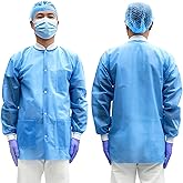 Greenour Pack of 10 Disposable Lab Coat with 3 Pockets, Thicker Short Blue SMS Smock with Knitted Cuffs and Collar