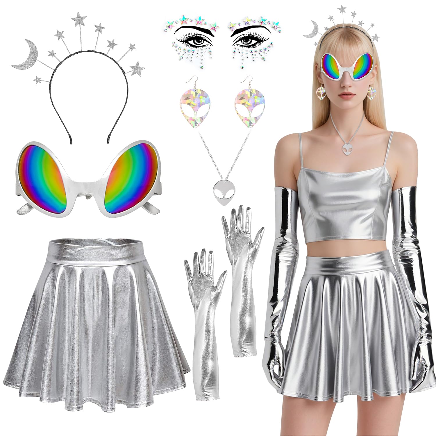 TOLOYE Costume for Women, Adult Silver Costume with Skirt, Long Gloves, Space Theme Glasses Headband Face Stickers Necklace, Fancy Dress for Carnival Christmas Party Cosplay (M)
