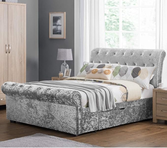 Crushed Velvet Storage Sleigh Bed, Happy Beds Verona Silver Fabric