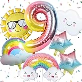 9th Rainbow Birthday Decorations, 9 Rainbow Birthday Foil Balloons Set with Sun Gradient Stars and 40 Inch Number 9 Balloon for Girls 9th Party Decor Supplies