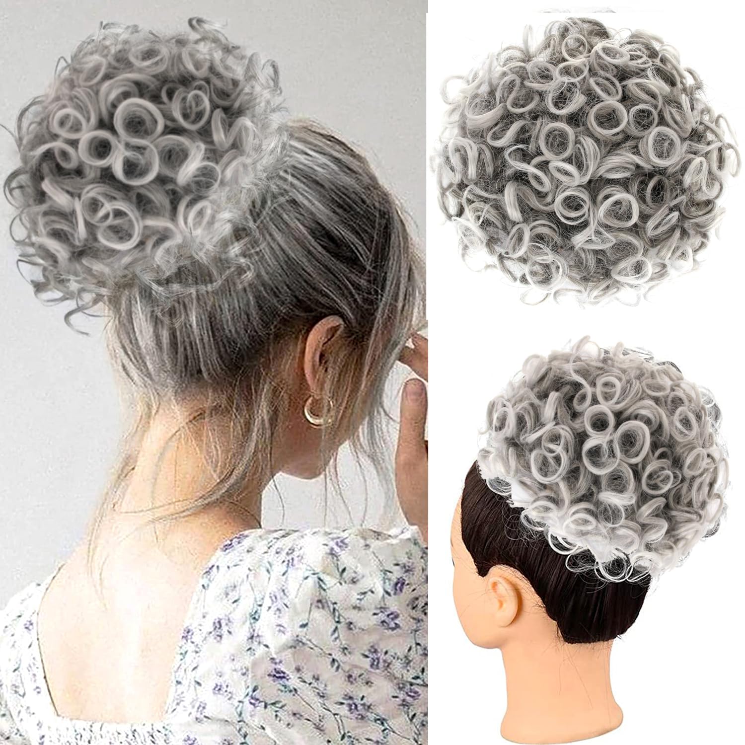 PORSMEER Silver Grey Messy Bun Hair Piece,Loose Wave Curly Hair Buns Hair Piece Elastic Drawstring Messy Bun Short Curly Ponytail Extension Synthetic Extensions for Women Daily Use