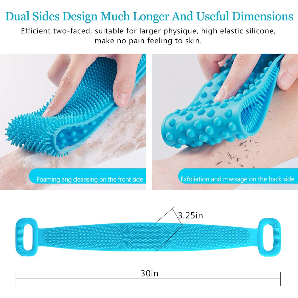 CONBOLA Back Scrubber for Shower Silicone Body Brush 30 inches/76 cm Extra Long Exfoliating Body Scrubber With Handle for Men and Women Long Lasting and Easy to Clean.(Blue) : Beauty