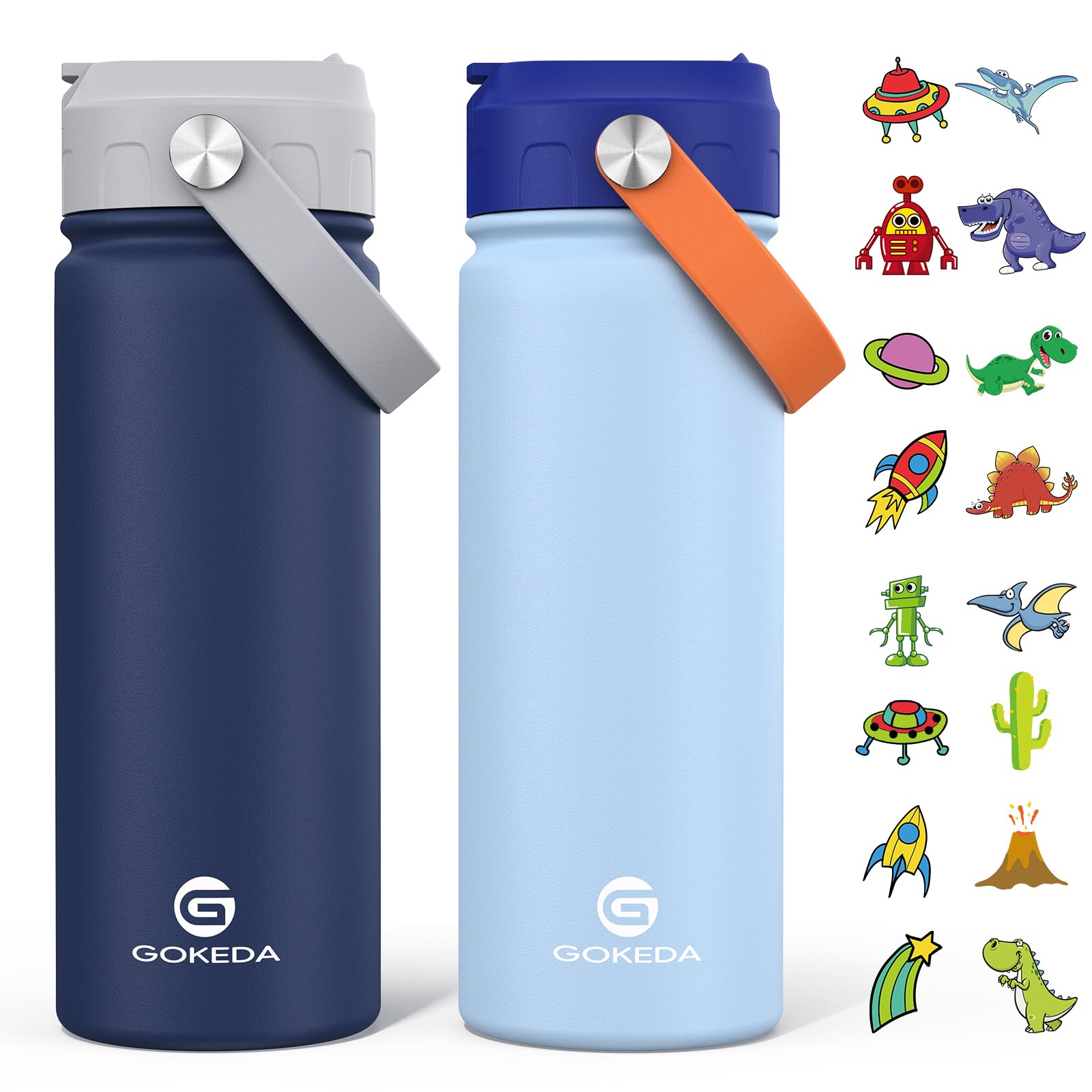 Photo 1 of GoKEDA 18oz Kids Water Bottle, 2 Pack Insulated Bottles with Stickers, 18/8 Stainless Steel Vacuum Leak Proof Straw Cup for School, Gifts for Boys(Light Blue, Dark Blue)