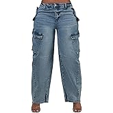 Women's Mid Rise Cargo Jeans Straight Wide Leg Baggy Jean Casual Y2K Streetwear Denim Pants