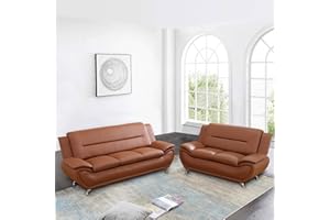 Plithzy Faux Leather 2 Piece Sofa Set, Modern Orange Living Room Couch and Loveseat with Solid Wood Frames, Foam Filled, Button Tufted