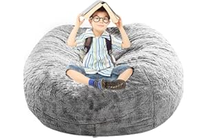 BCU Bean Bag Cover Comfy Beanbag Chair for Adults Without Filler Faux Fur Lazy Sofa Cover for Living Room Chairs, Grey, 3.5FT