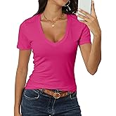 Roselux Women Short Sleeve Deep V Neck Tops Shirts Fitted Cotton Summer Tshirt Tee