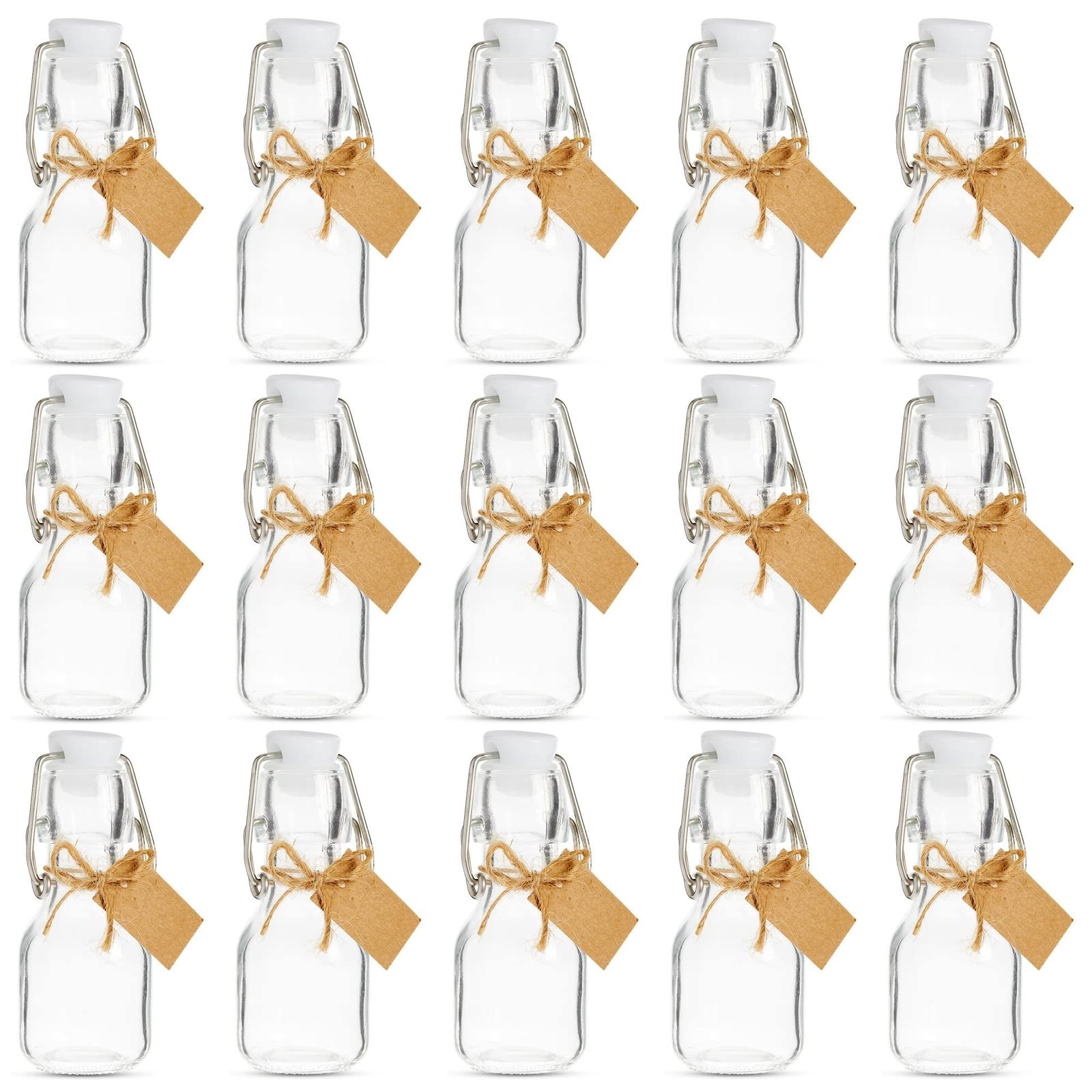 BLUE PANDA Mini Glass Favour Bottle with White Swing Top (Set of 15) - Jute Rope and 25 Mini Kraft Paper Tags for Labeling Included - 60 ml (2 oz)