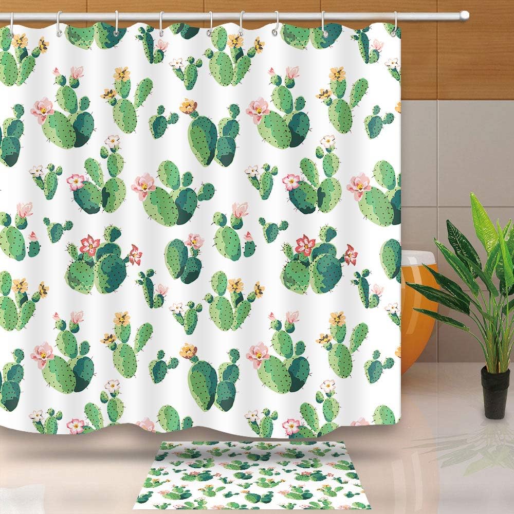 NEWTOO Cactus Shower Curtains, Watercolor Cacti Waterproof Polyester Fabric Bathroom Shower Curtains Sets with Hooks, 72 x72 Inches, Green White, LHNT221-72