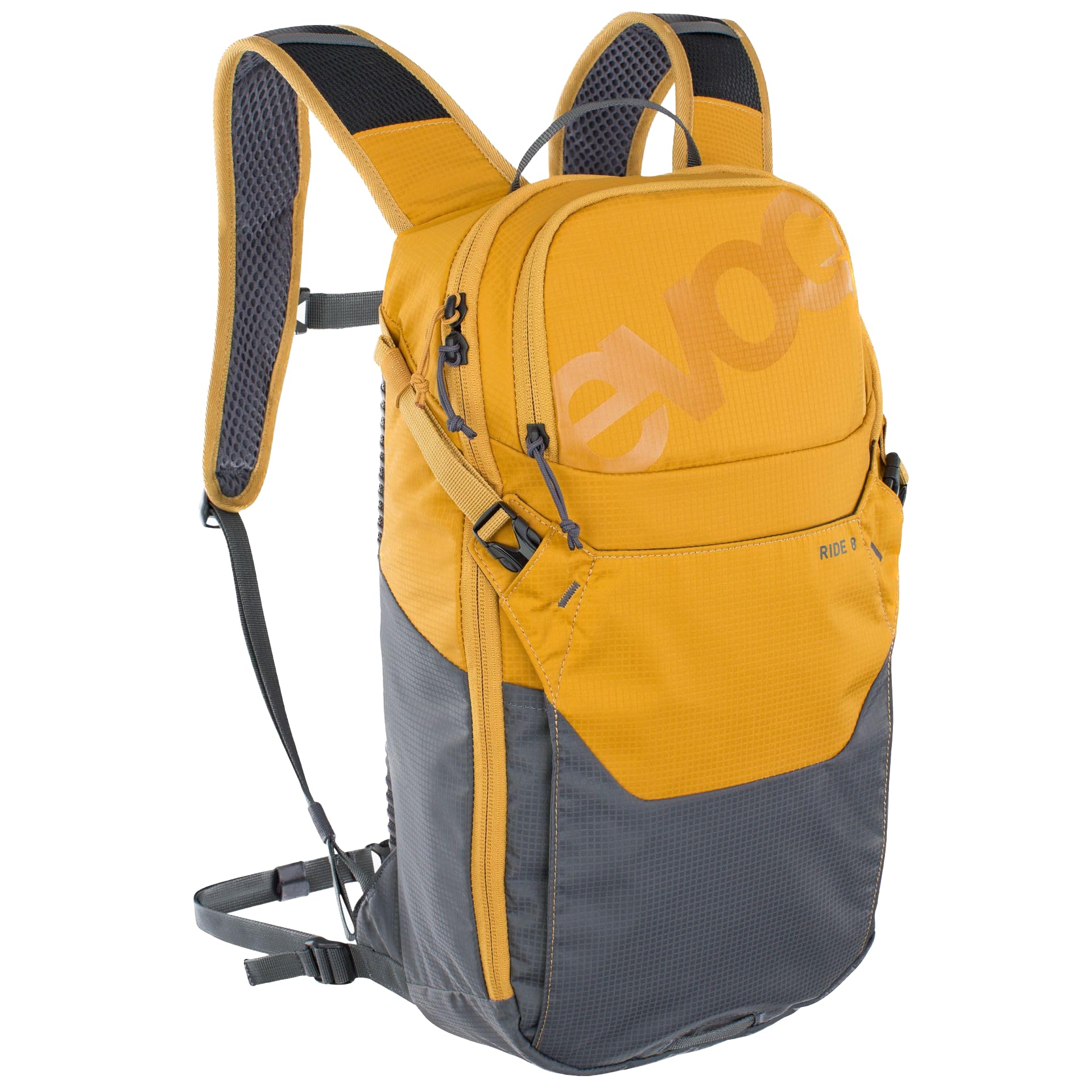 EVOC RIDE 8 Bike backpack for trails and other activities (clever pocket management, ventilated with AIR-PAD back padding), Clay Yellow/Carbon Grey