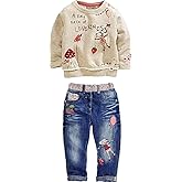 LUKYCILD Toddler Girl Clothes Baby Girl Long Sleeve Top + Jeans Pants with Pockets 2 Piece Outfit Cartoon Clothing Set