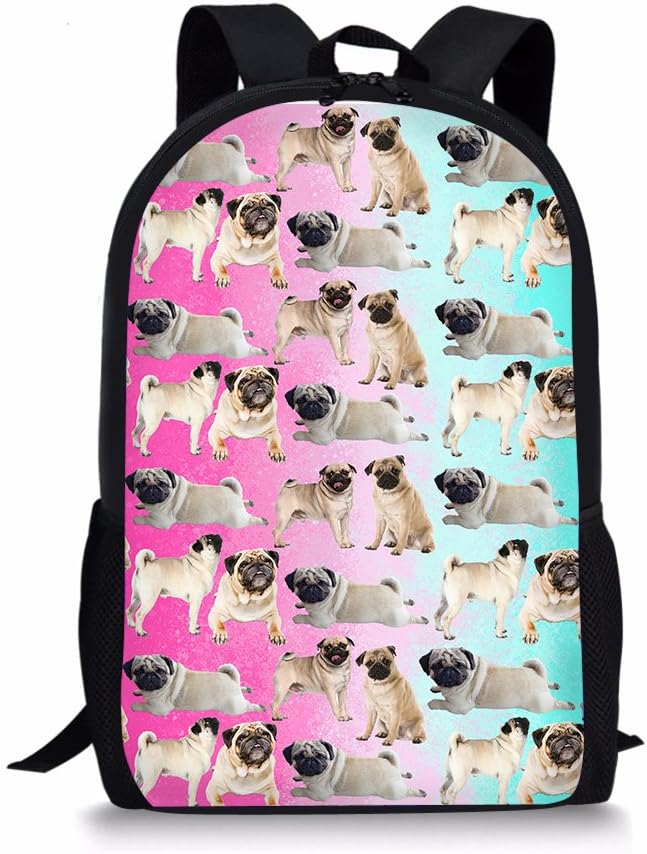HUGS IDEA Pug Pattern School Backpack Student Laptop Bookbag Outdoor