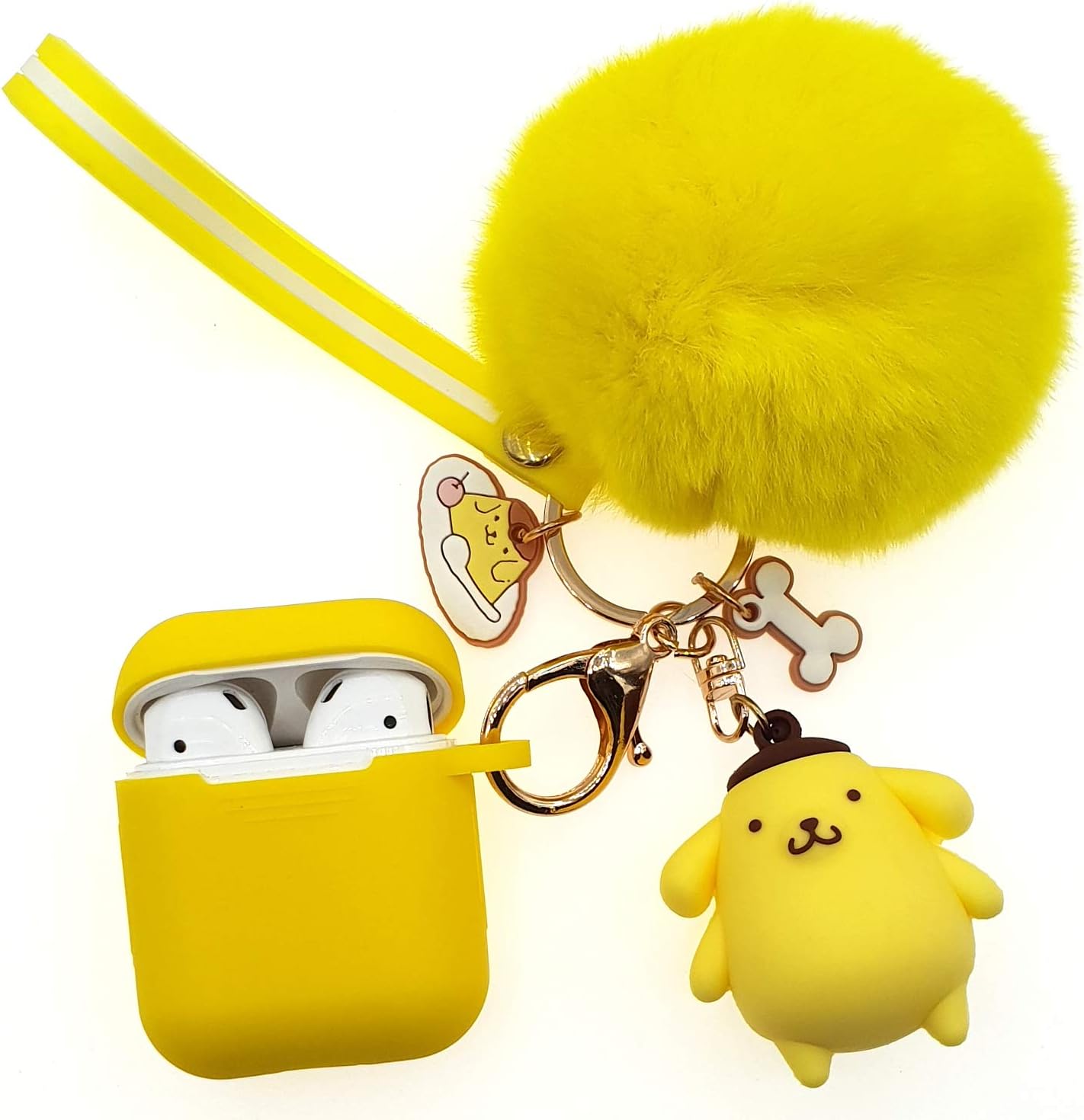 AirPods 2/1 Silicone Case, Adorable Replacement for Airpod Case Drop Proof (Silicone Skin and Cover for Apple Headphone Charging Case 2/1) with Fluffy Fur Ball Cute Cartoon Pets Keychains