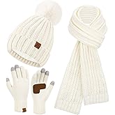 Womens Winter Warm Beanie Hat Long Neck Scarf Touchscreen Gloves Set Knit Skull Caps Pompom Fleece Gifts