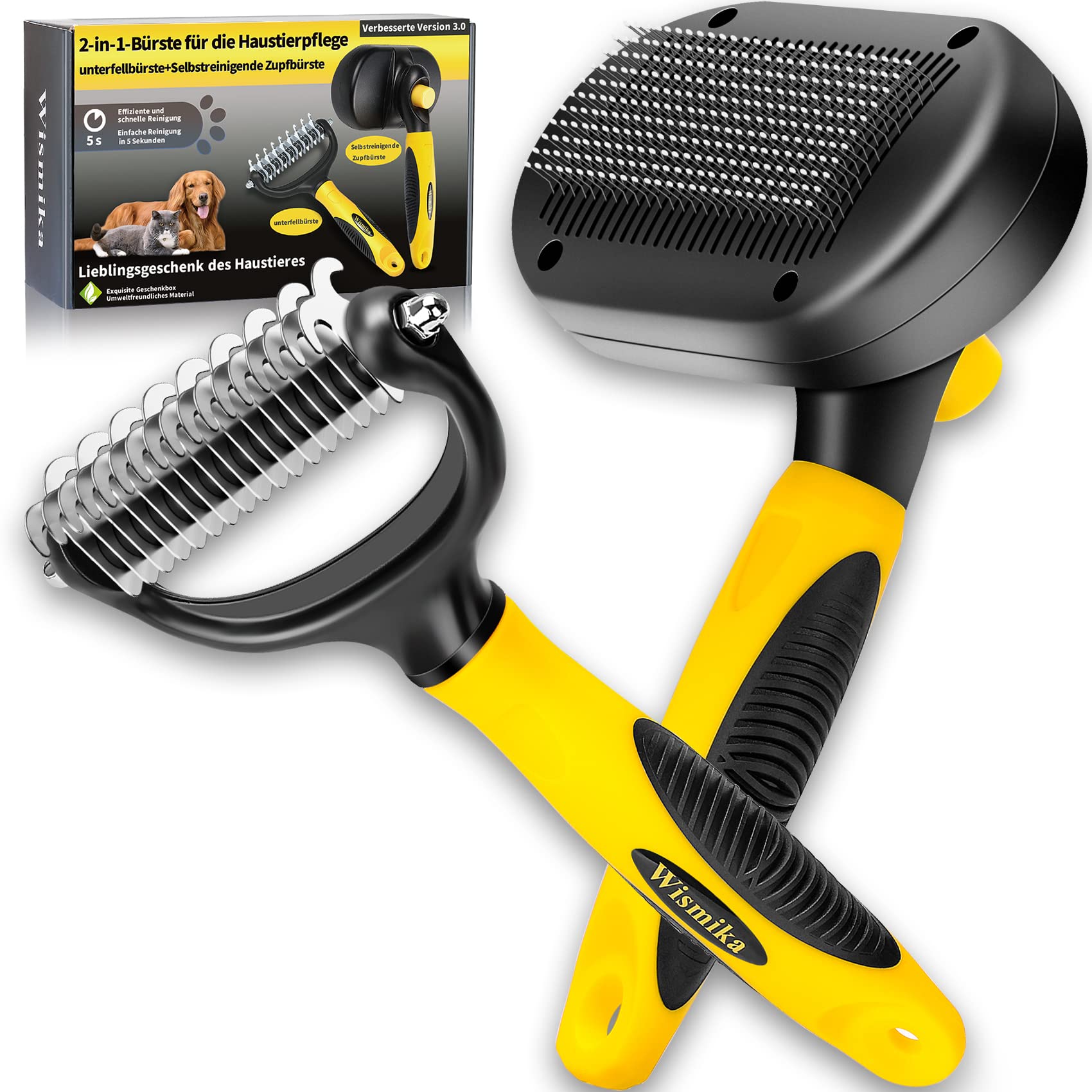 [2in1]Cat Brush/Dog Brush, Self Cleaning Dog Grooming Brush&Undercoat Rake Dog, Professional Dog Brushes for Grooming - Removes 90% of Loose Undercoat,Suitable for Medium and Long Haired Dogs Cats