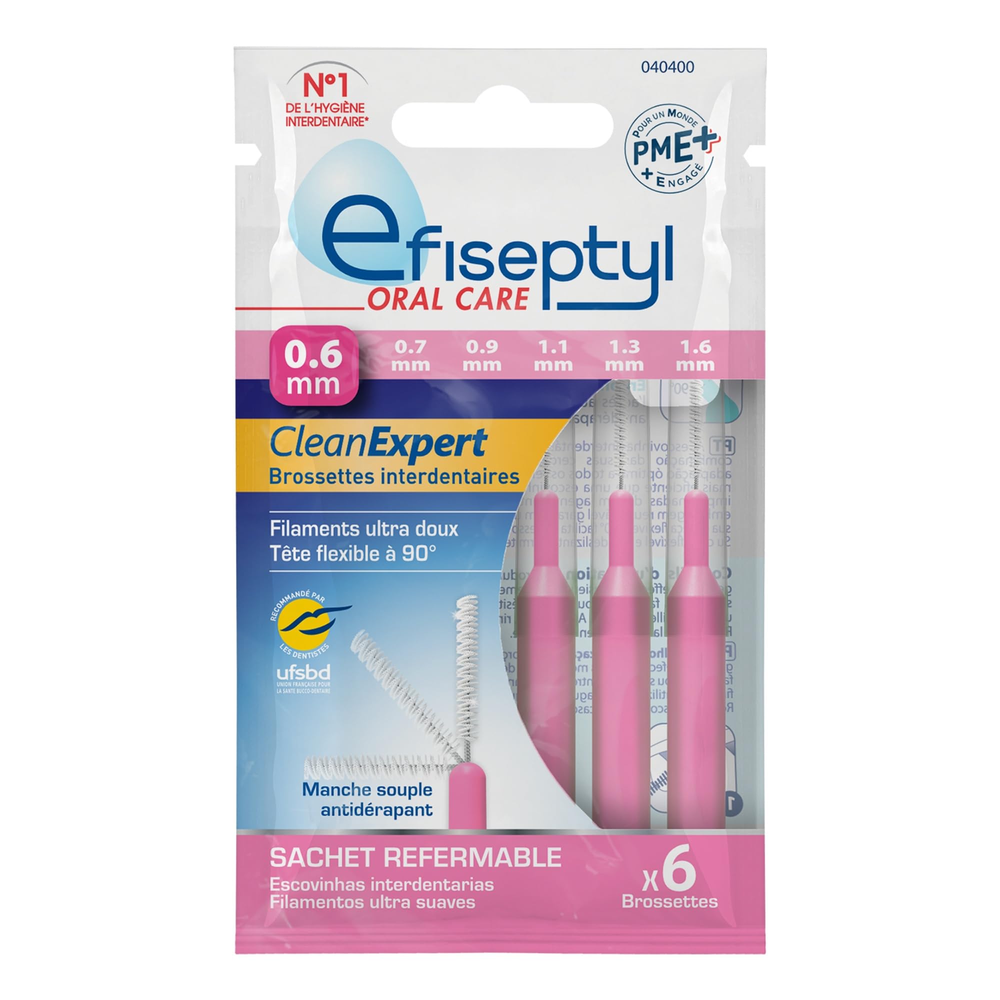 Efiseptyl - Clean Expert Interdental Brushes 0.6 mm - Resealable Bag - with Antibacterial Treatment - Pack of 6 Brushes