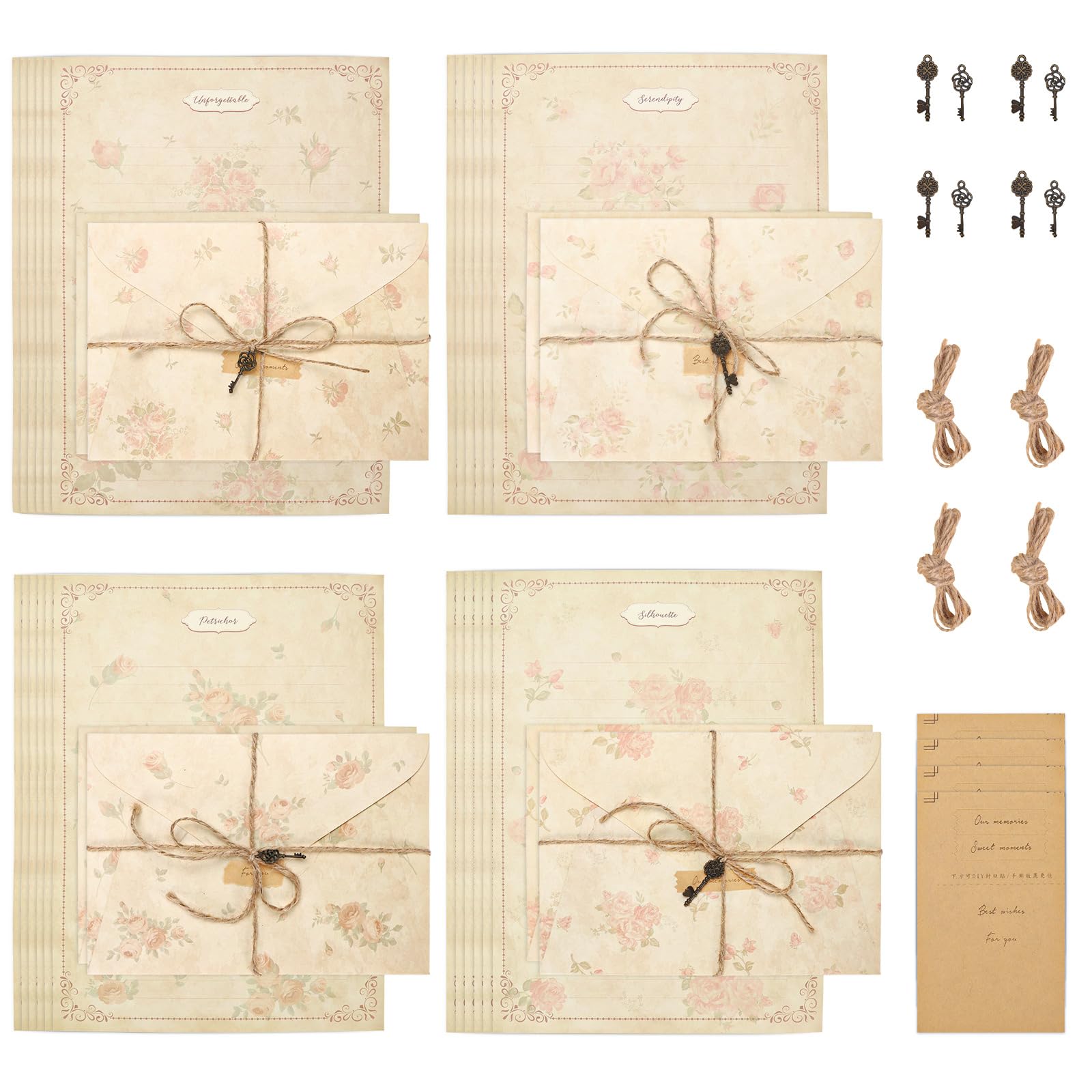 LELE LIFE Vintage Floral Stationary Paper and Envelopes Set, 4 Designs Aged Antique Lined Stationery Sets for Letter Writing Kit, Double Sided Old Paper for Greeting Cards,Style A