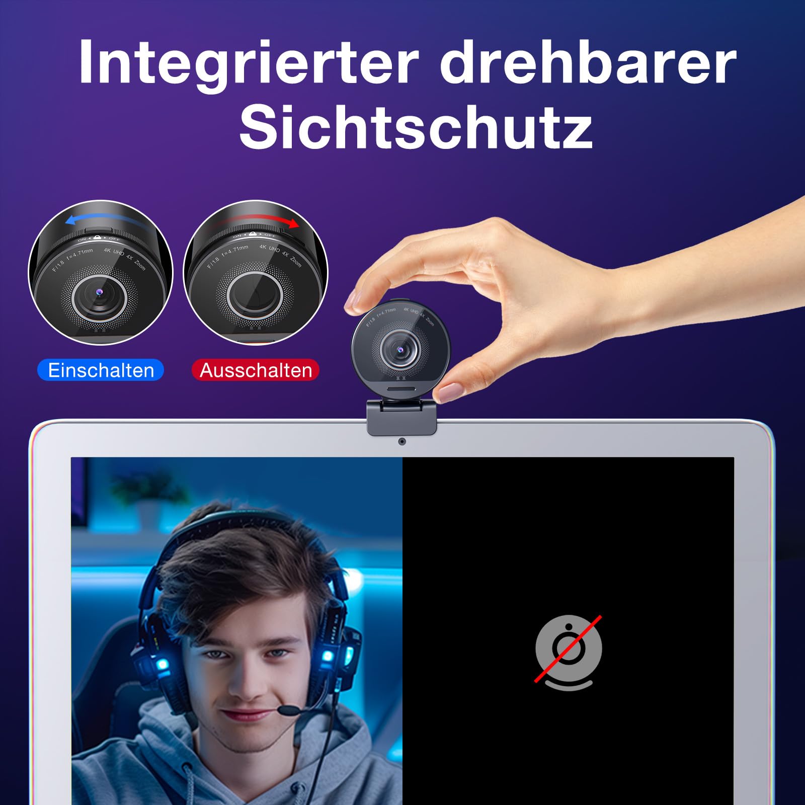 EMEET Webcam 4K S800, Ultra 4K Webcam mit 2 Mikrofonen mit Rauschunterdrückung, 73° Sichtfeld, Lichtkorrektur, Datenschutzabdeckung, 1080p@60FPS HDR, Web cam 1080p für Live-Streaming, Gaming, Zoom 6