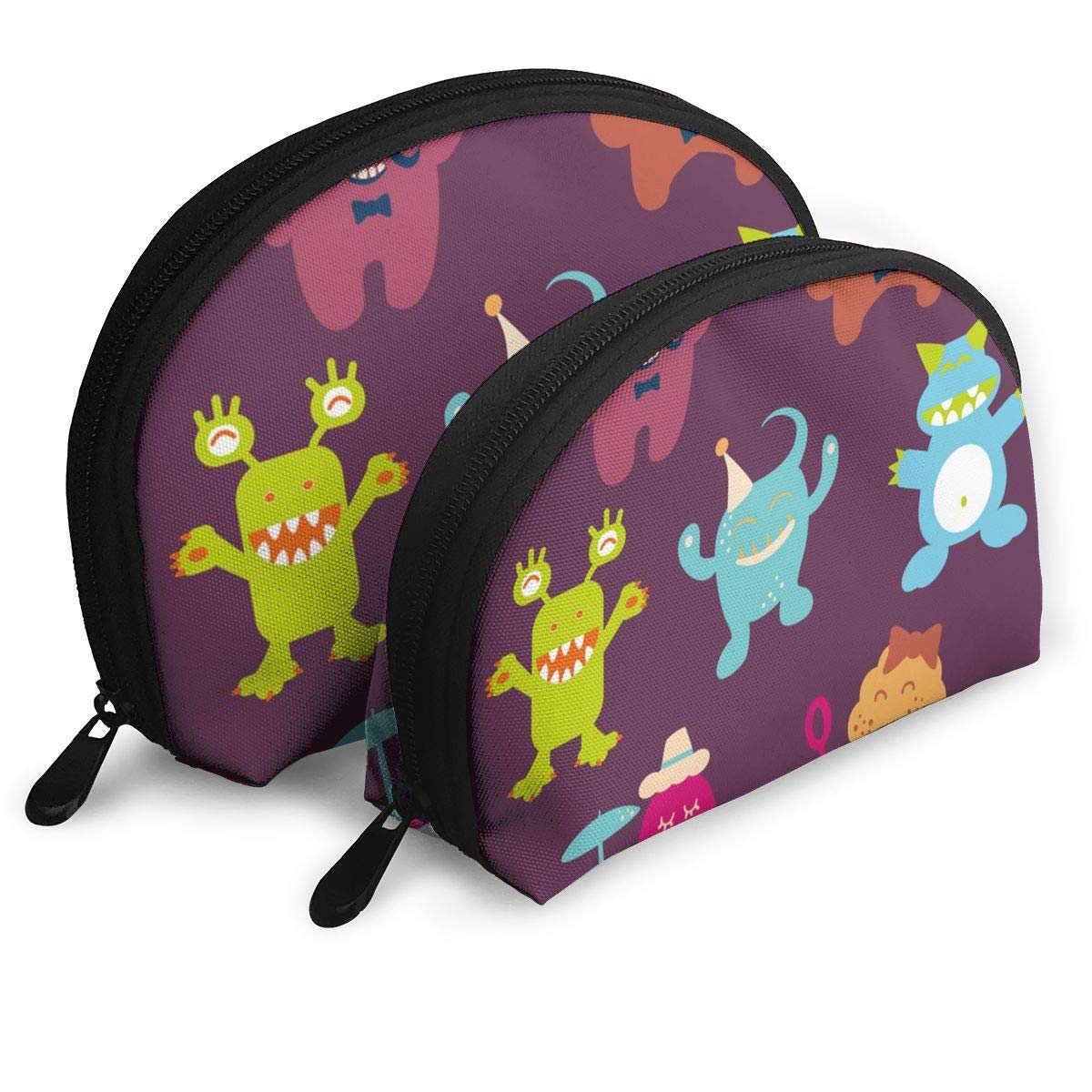 Half Moon Cosmetic Bag Happy Monsters Travel Makeup Pouch Toiletry Bag Set of 2 for Women
