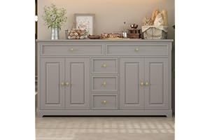 FUFU&GAGA Buffet Cabinet Storage Kitchen Sideboard Farmhouse Buffet Server Bar Wine Cabinet with 5 Drawers & 4 Doors, Console Table for Dining Living Room Cupboard (Grey)