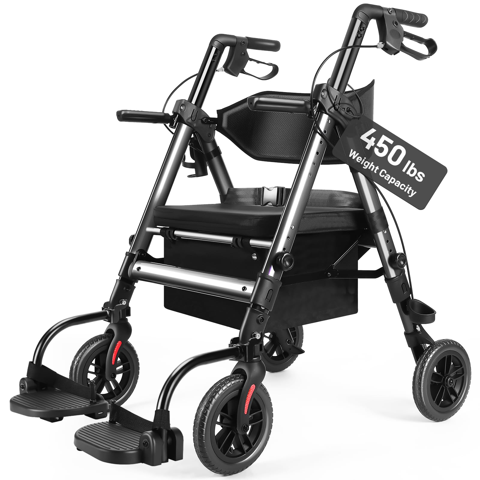 View 1 of ***PARTS ONLY - SELLING AS IS)*** Heavy Duty Rollator Walker for Seniors with Seat, Foldable 2 in 1 Rolling Walkers Wheelchair Combo for Adult, All Terrain Wheels, Adjustable Transport Chair with Brake, 450 lb. Weight Capacity, Grey ***(SOME SCUFFS/SCRA