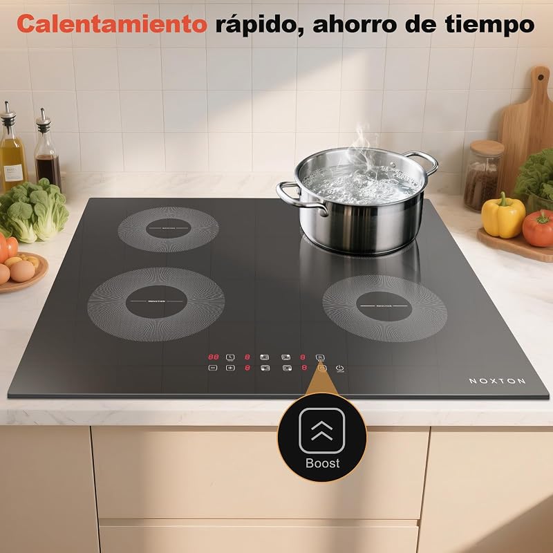 Placa de Inducción 4 Fuegos, 60 cm, Encastrable, Sin Enchufe, 7200 W