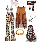 Juliesart 8PCS Hippie Costume Women,60s 70s disco Outfit, Pants, Fringe Vest, Glasses, Floral Crown Headbands, Accessories