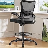 Marsail Drafting Chair, Tall Office Chair with 2D Lumbar Support, Standing Desk Chair with Padded Flip-Up Armrests & Adjustable Footrest Ring, Black